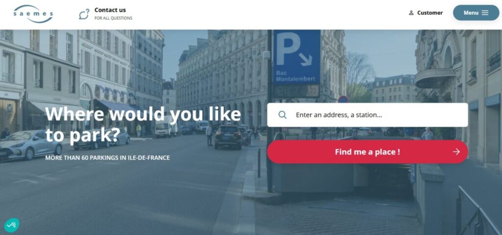 Saemes parking app website landing page featuring user-friendly design and navigation for parking solutions.