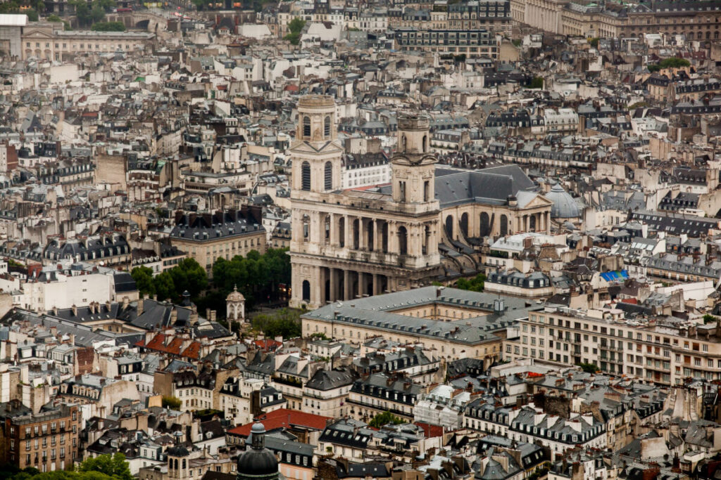 Aerial view of Saint-Germain-des-Prés, showcasing the city's architecture and layout from above.
