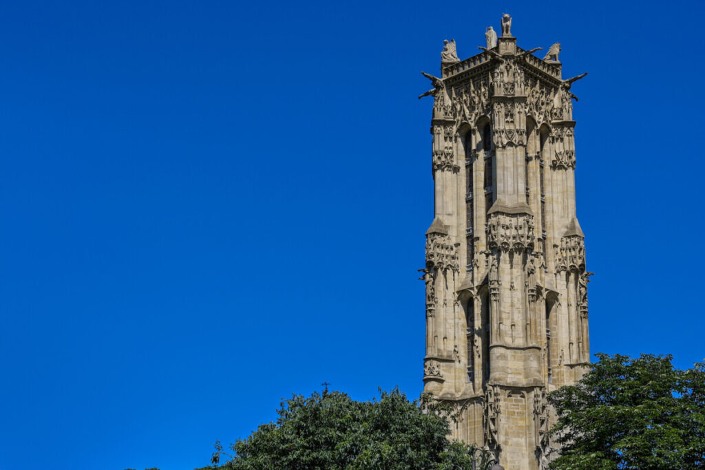 Top of Saint-Jacques Tower and skyline of Paris, France