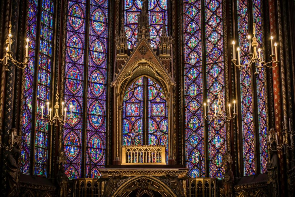 Stained glass and beautiful interior of Sainte Chapelle in Paris, France