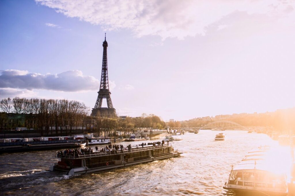 Seine river sunset cruise along the Eiffel Tower in Paris, France