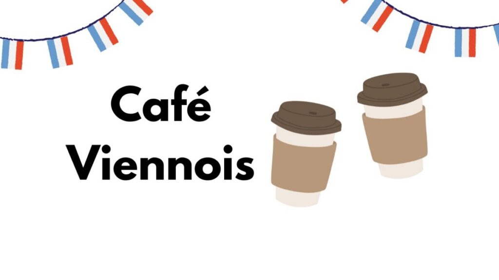 Illustration of two coffee cups with brown sleeves and lids, set against a white background. "Café Glacé" text appears next to festive red, white, and blue banners.