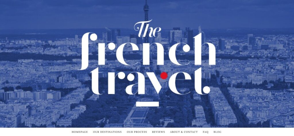 Stylized aerial view of Paris with a blue tint. Bold white text reads 'The French Travel' over city buildings, conveying a travel theme