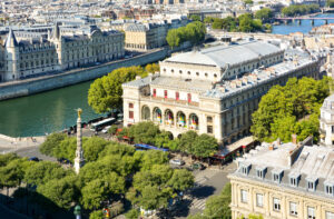 Aerial view of the Théâtre du Châtelet and Seine river in Paris, France