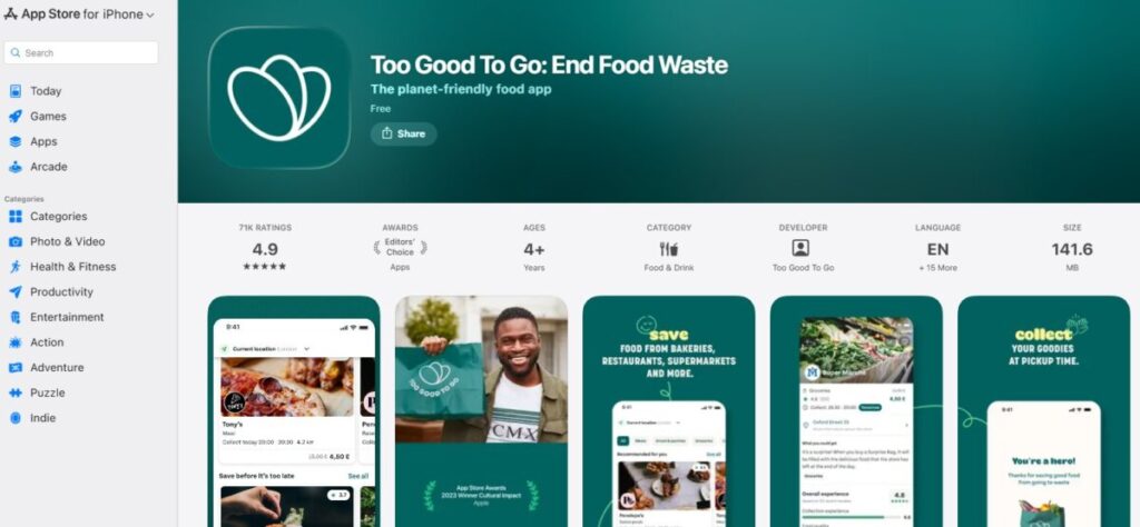 App Store page for "Too Good To Go: End Food Waste" app. The screen displays high ratings, visual previews promoting food savings, and eco-friendly benefits.