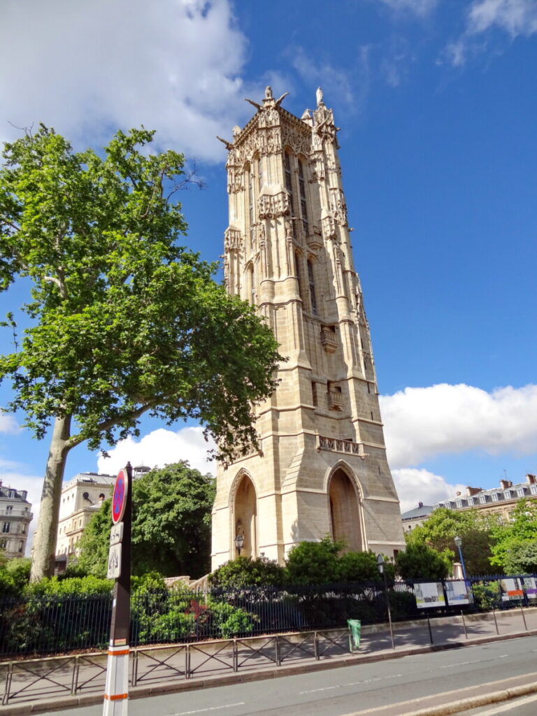 Exterior of the Tour Saint-Jacques Paris and skyline of Paris, France