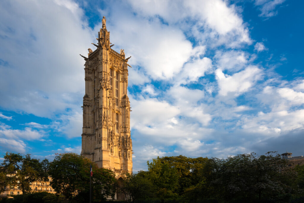 Exterior and Architecture of the Tour Saint-Jacques Paris and skyline of Paris, France