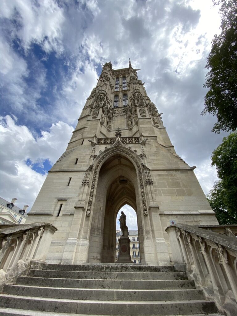 Exterior and entrance of the Tour Saint-Jacques Paris and skyline of Paris, France