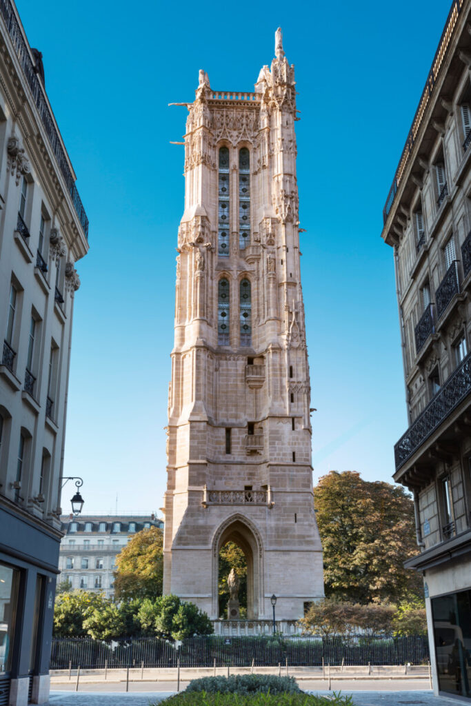 Exterior of the Tour Saint-Jacques Paris and skyline of Paris, France