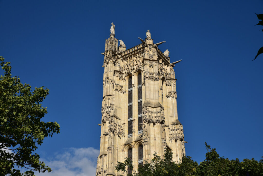 Exterior and top of the Tour Saint-Jacques Paris and skyline of Paris, France