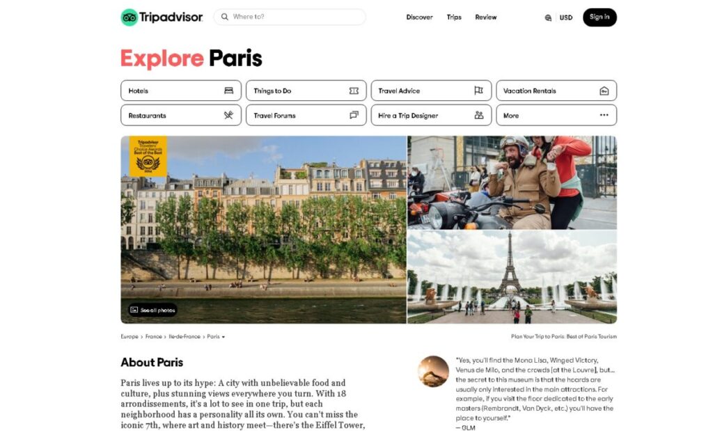Paris tourism page in TripAdvisor