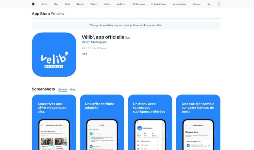 Vélib app displayed in the Apple App Store, featuring bike rental options and user-friendly interface.