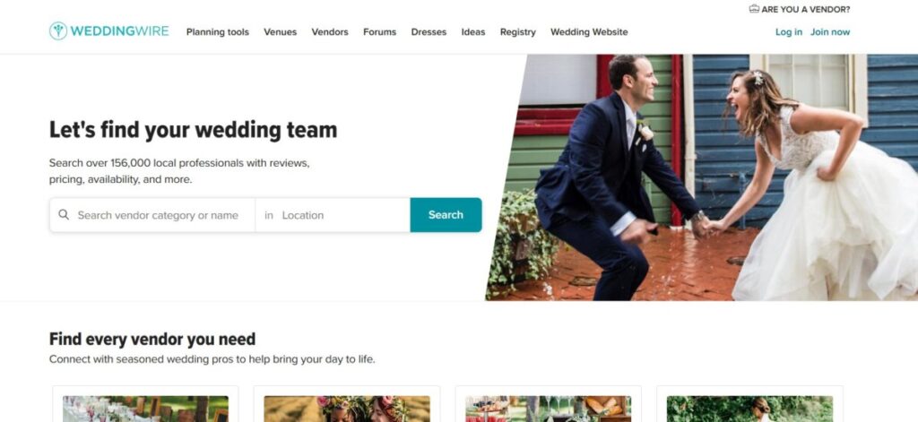 Screenshot of WeddingWire website homepage with a search bar for wedding vendors and a photo of a bride and groom holding hands outdoors.