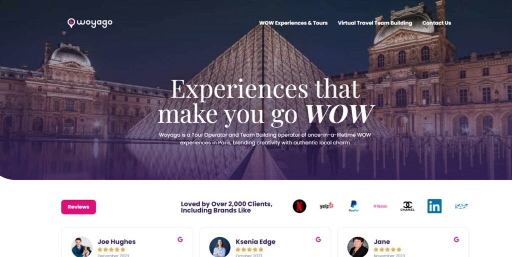 Woyago webpage showcasing a night view of the Louvre Pyramid with text 'Experiences that make you go WOW.' Includes client reviews and brand logos