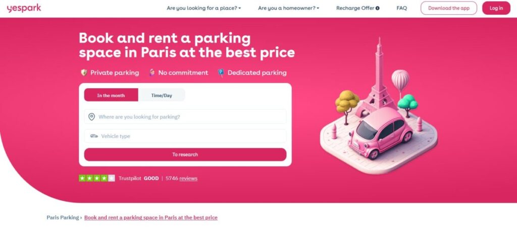 Booking page for a car rental on the Yespark Paris website, featuring vehicle options and rental details.